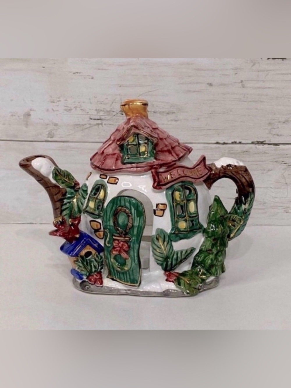 Vintage Christmas Cottage Teapot Tealight Holder